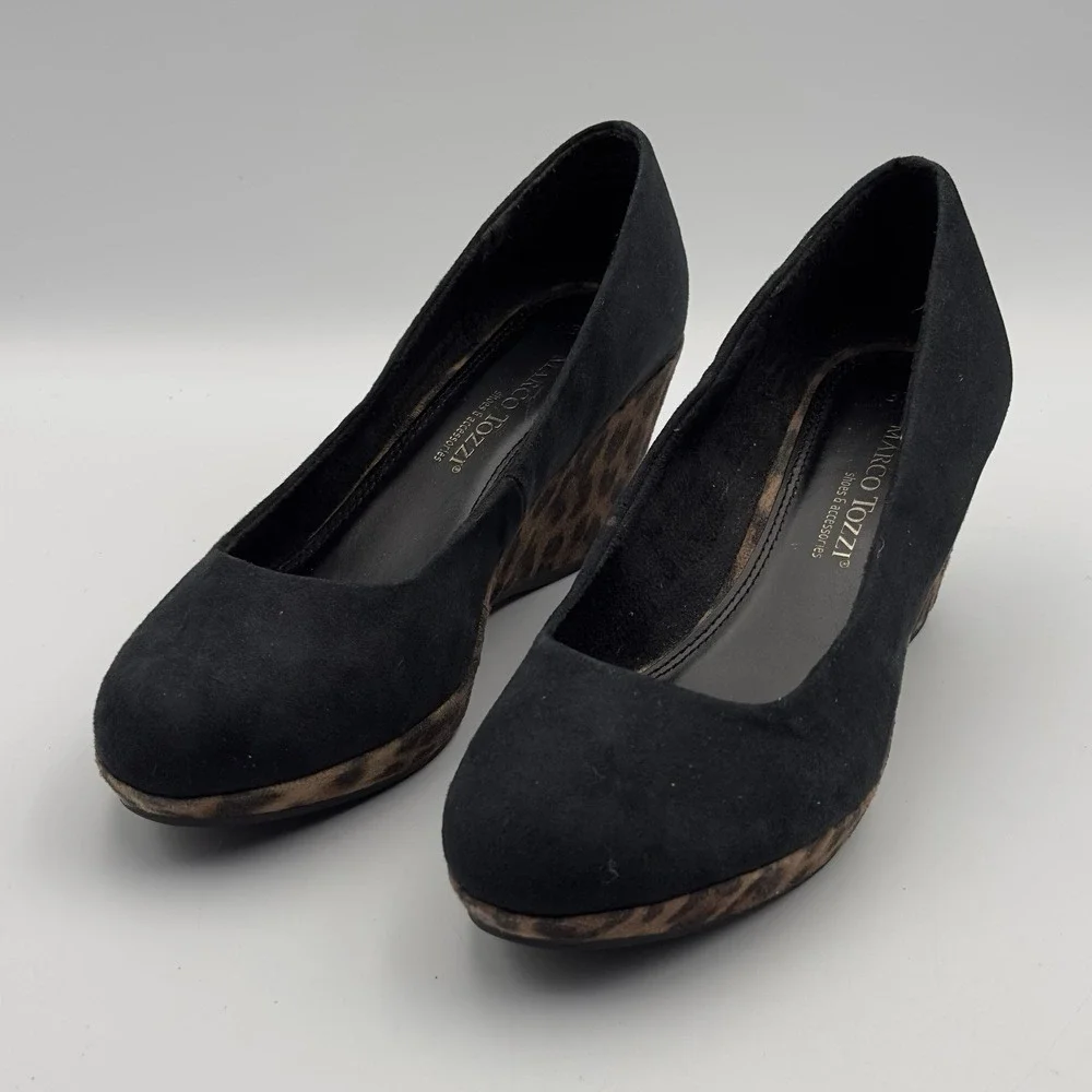 Marco Tozzi Black Suede Leopard Wedges Heels Size‎ 37 US 6/6.5